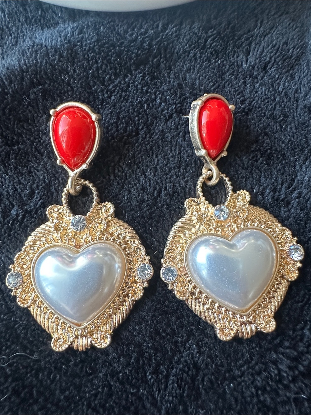 Gold-Tone Heart Drop Earrings with Red and Pearl Accents